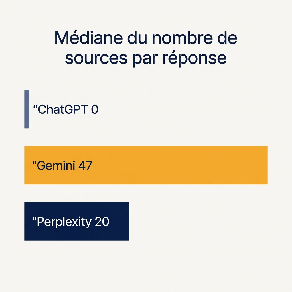 Diagramme à barres montrant la médiane du nombre de sources attachées à une seule réponse : sur leurs vingt prompts respectifs, ChatGPT est à 0, Gemini à 47 et Perplexity à 20