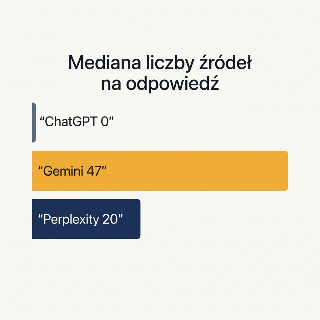 Wykres słupkowy pokazujący medianę liczby źródeł dołączonych do jednej odpowiedzi: na swoich dwudziestu promptach ChatGPT ma 0, Gemini 47, a Perplexity 20