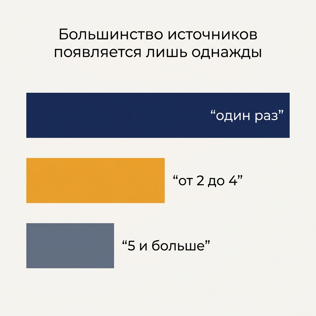 Столбчатая диаграмма, показывающая, что из 432 разных источников 324 появляются один раз, 91 появляется от двух до четырёх раз, а 17 появляются пять раз и более на протяжении 60 ответов