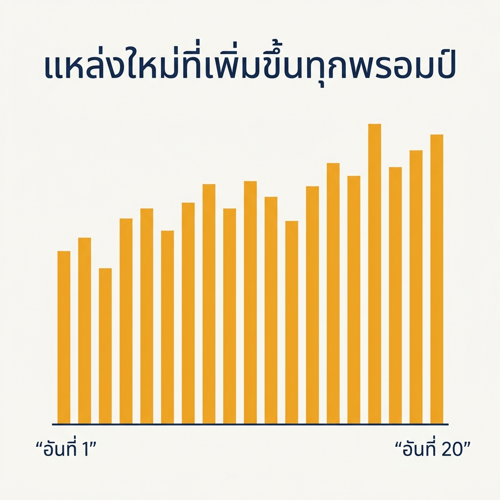 แผนภูมิแท่งของแหล่งใหม่ที่แต่ละพรอมป์จากยี่สิบอันเพิ่มเข้ามา เริ่มที่ 34 และจบที่ 14 โดยไม่มีช่วงราบ