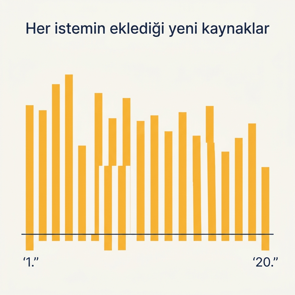 20 istemin her birinin eklediği yeni kaynakların çubuk grafiği; 34'ten başlayıp 14'te bitiyor, hiç düzleşme yok