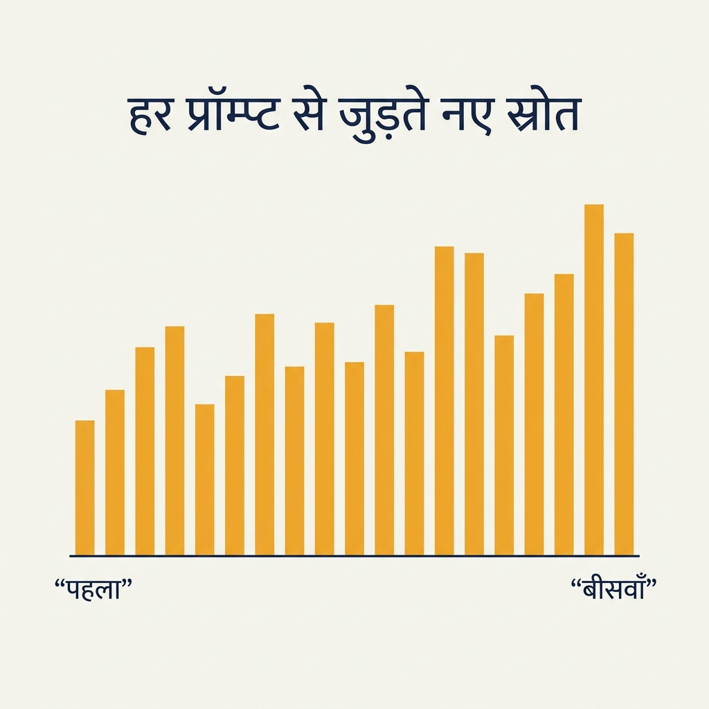 बीस प्रॉम्प्ट में से हर एक द्वारा जोड़े गए नए स्रोतों का बार चार्ट, 34 से शुरू होकर 14 पर खत्म, कोई सपाट हिस्सा नहीं