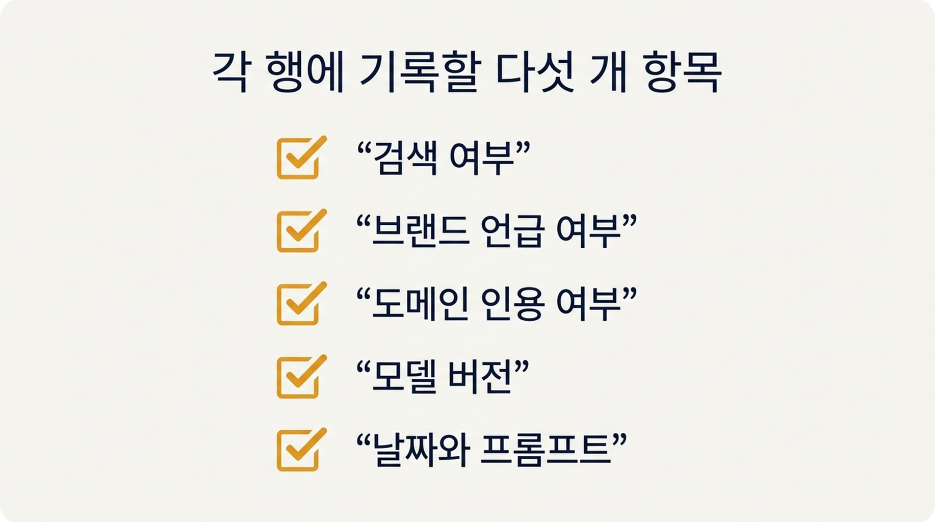 모든 프롬프트에서 기록할 다섯 개 필드 점검표: 그라운딩, 브랜드 지명, 도메인 링크, 모델 버전, 날짜와 프롬프트
