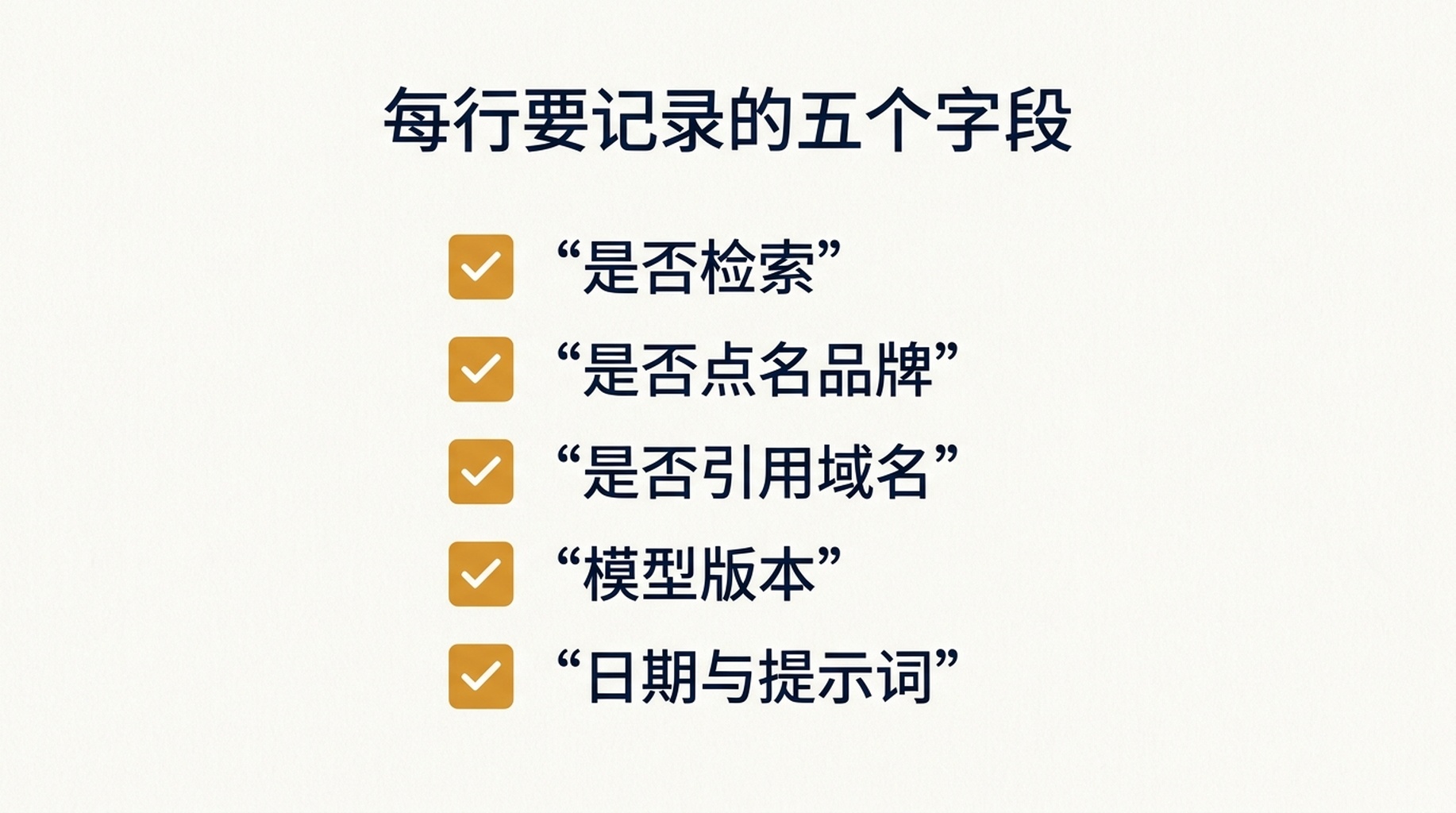 每个提示词都要记录的五个字段清单:是否已检索、是否点名品牌、是否链接域名、模型版本、日期与提示词