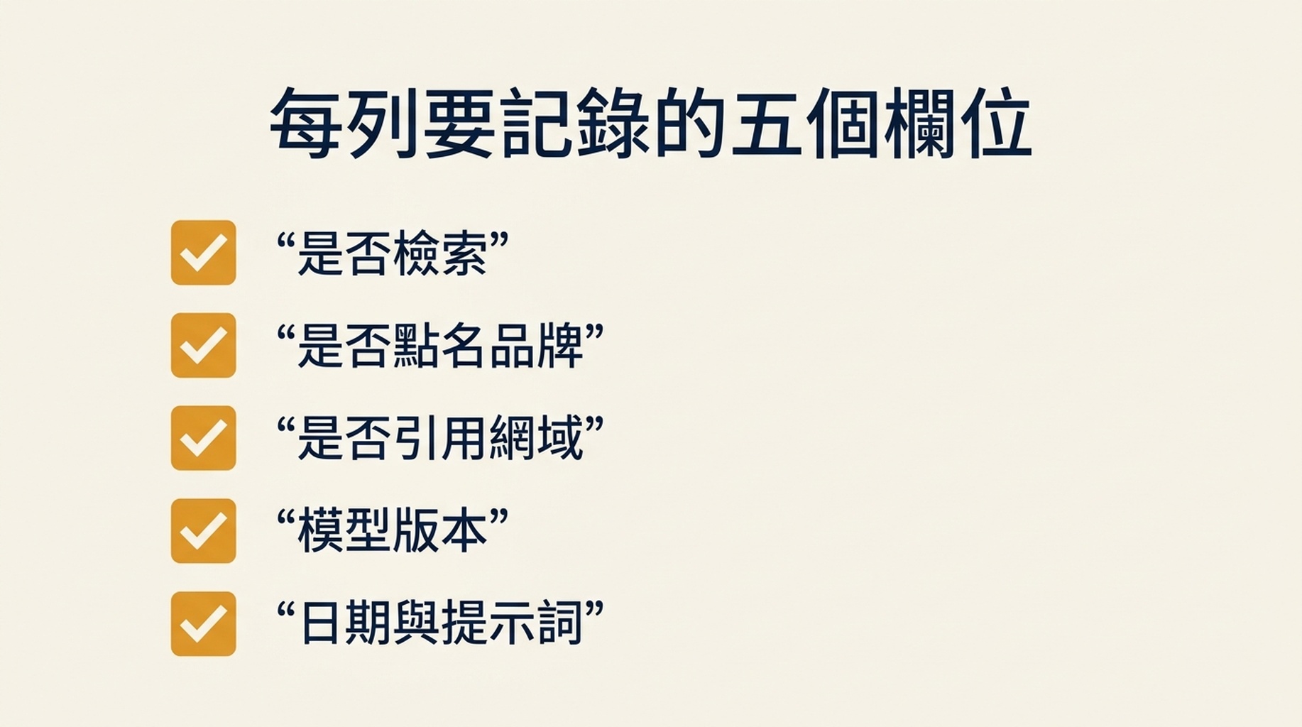 每個提示詞都要記錄的五個欄位清單:是否已檢索、是否點名品牌、是否連結網域、模型版本、日期與提示詞