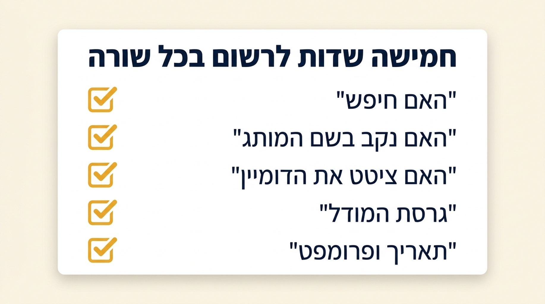 רשימת הבדיקה של חמשת השדות לרישום בכל פרומפט: ביסוס, אזכור המותג, קישור הדומיין, גרסת המודל, תאריך ופרומפט