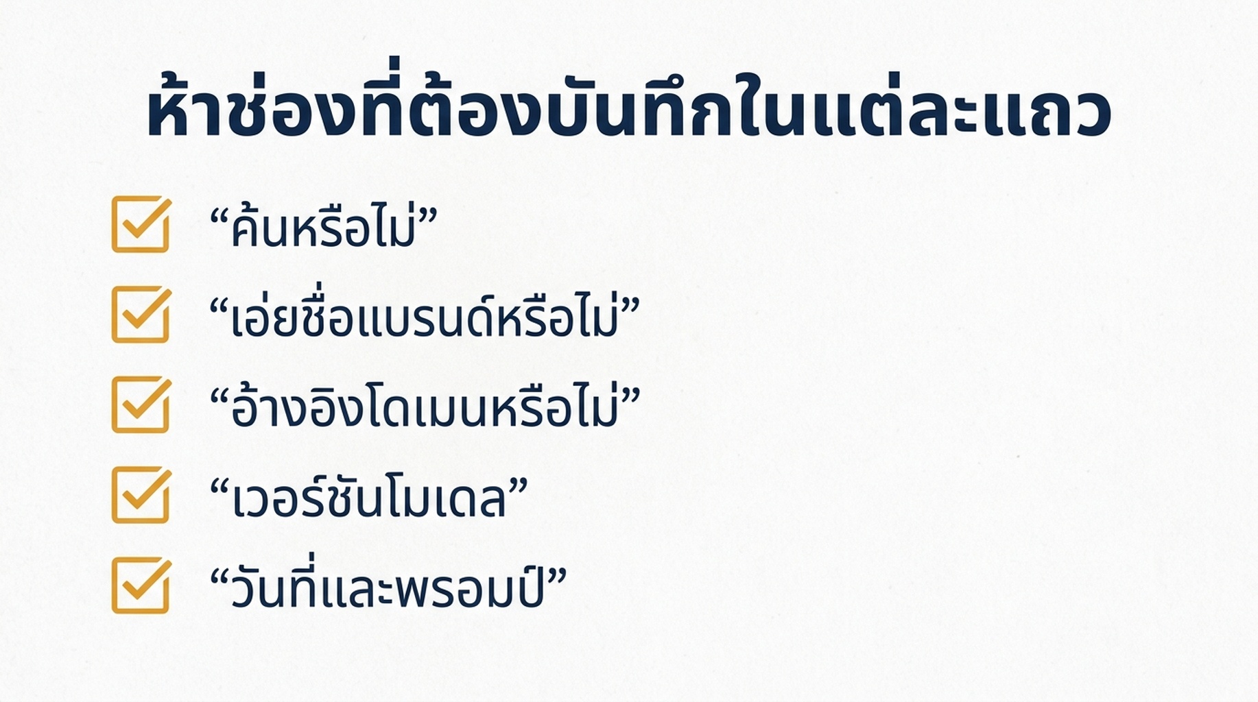รายการตรวจสอบห้าฟิลด์ที่ต้องบันทึกในทุกพรอมป์: การค้นหา การเอ่ยชื่อแบรนด์ การลิงก์โดเมน เวอร์ชันโมเดล วันที่และพรอมป์