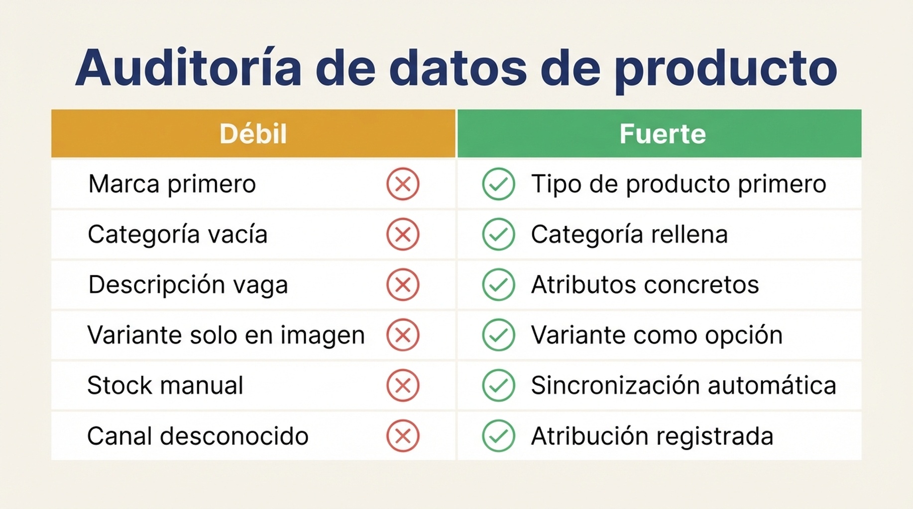 Tabla comparativa de datos de producto débiles y fuertes en Shopify en seis campos: orden del título, categoría, descripción, variantes, inventario y atribución