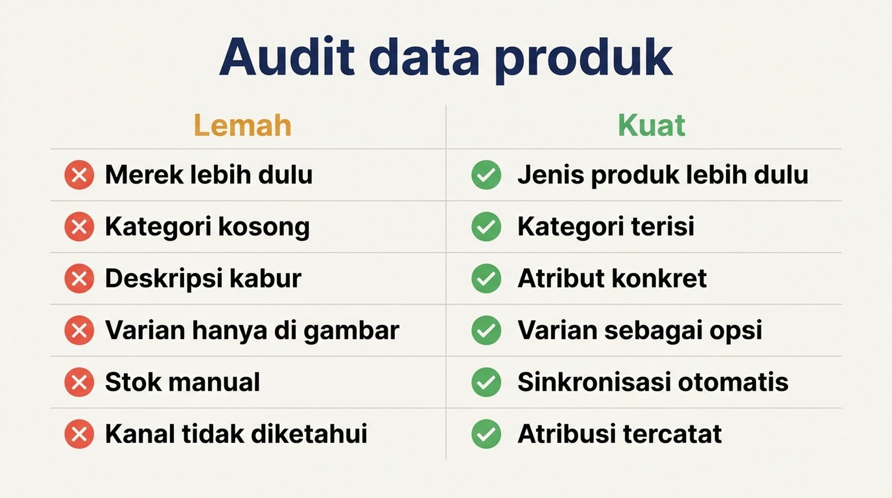 Tabel perbandingan data produk Shopify yang lemah dan kuat pada enam kolom: urutan judul, kategori, deskripsi, varian, stok, dan atribusi