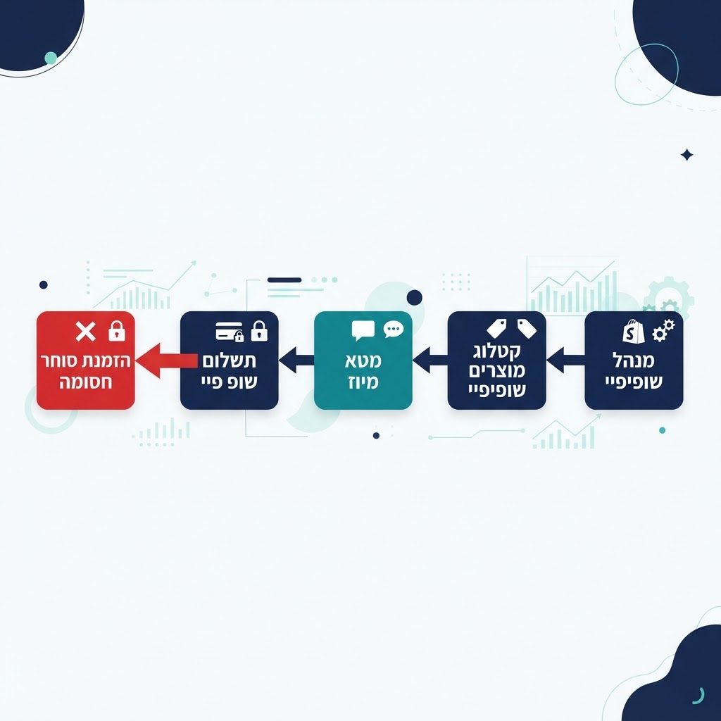 תרשים של זרימת המסחר מ-Shopify ל-Meta Muse: ממשק הניהול של Shopify מזין את Shopify Catalog, שמזין את Meta Muse, ואז תשלום ב-Shop Pay, ואחריו הזמנה בממשק הניהול של הסוחר; ‏Amazon מוצגת כגישה חסומה