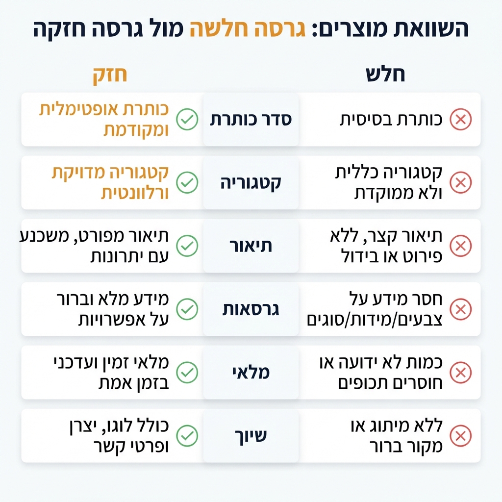 רשימת השוואה בין נתוני מוצר חלשים לחזקים ב-Shopify בשישה שדות: סדר הכותרת, קטגוריה, תיאור, וריאציות, מלאי וייחוס