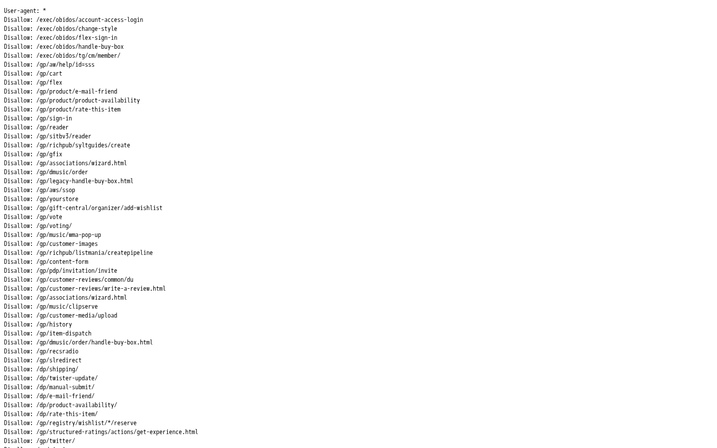 Amazon robots.txt showing User-agent rules and Disallow directives that govern automated access to the store