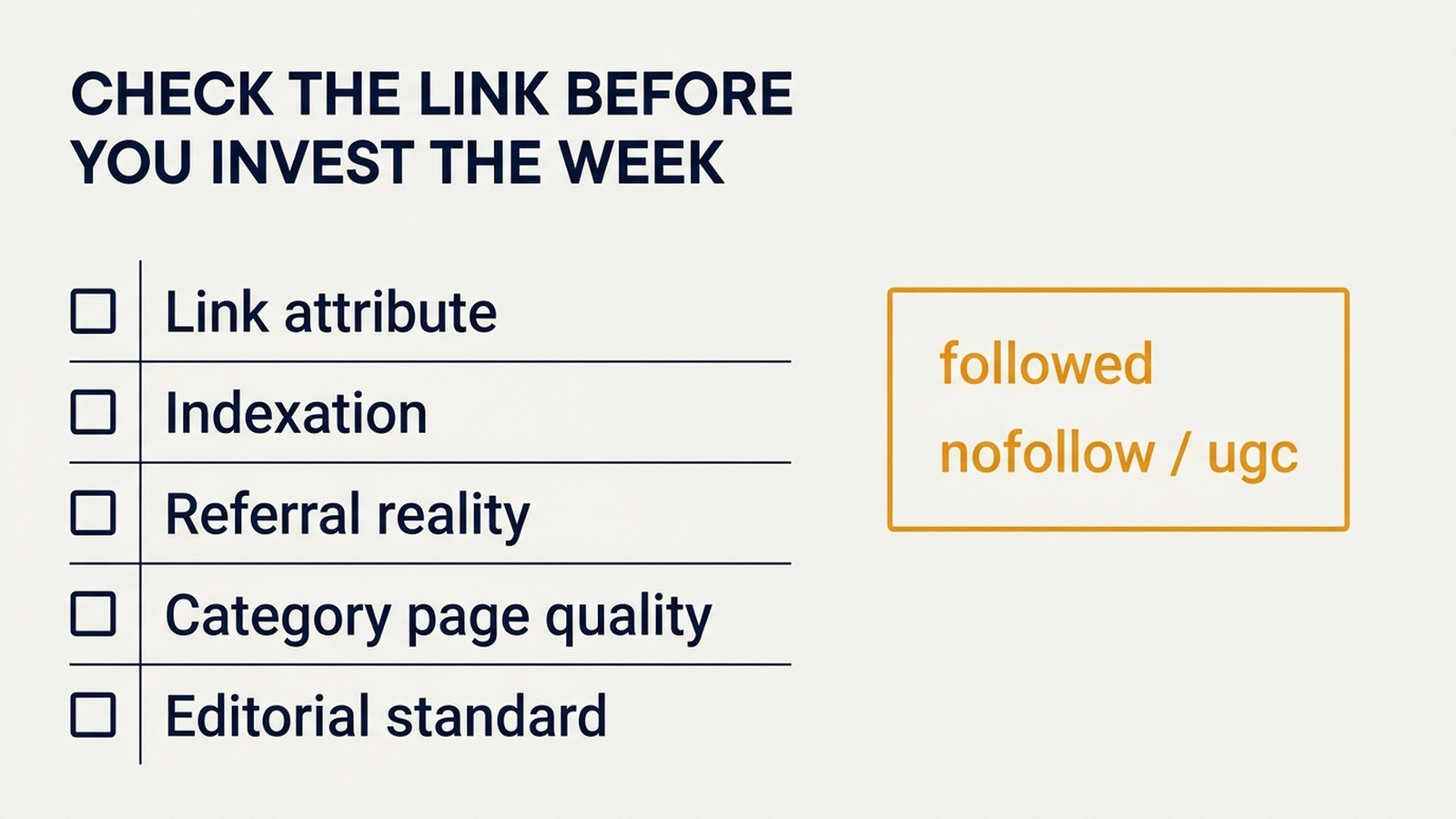 Five-step backlink verification checklist covering link attribute, indexation, referral traffic, category page quality, and editorial standard