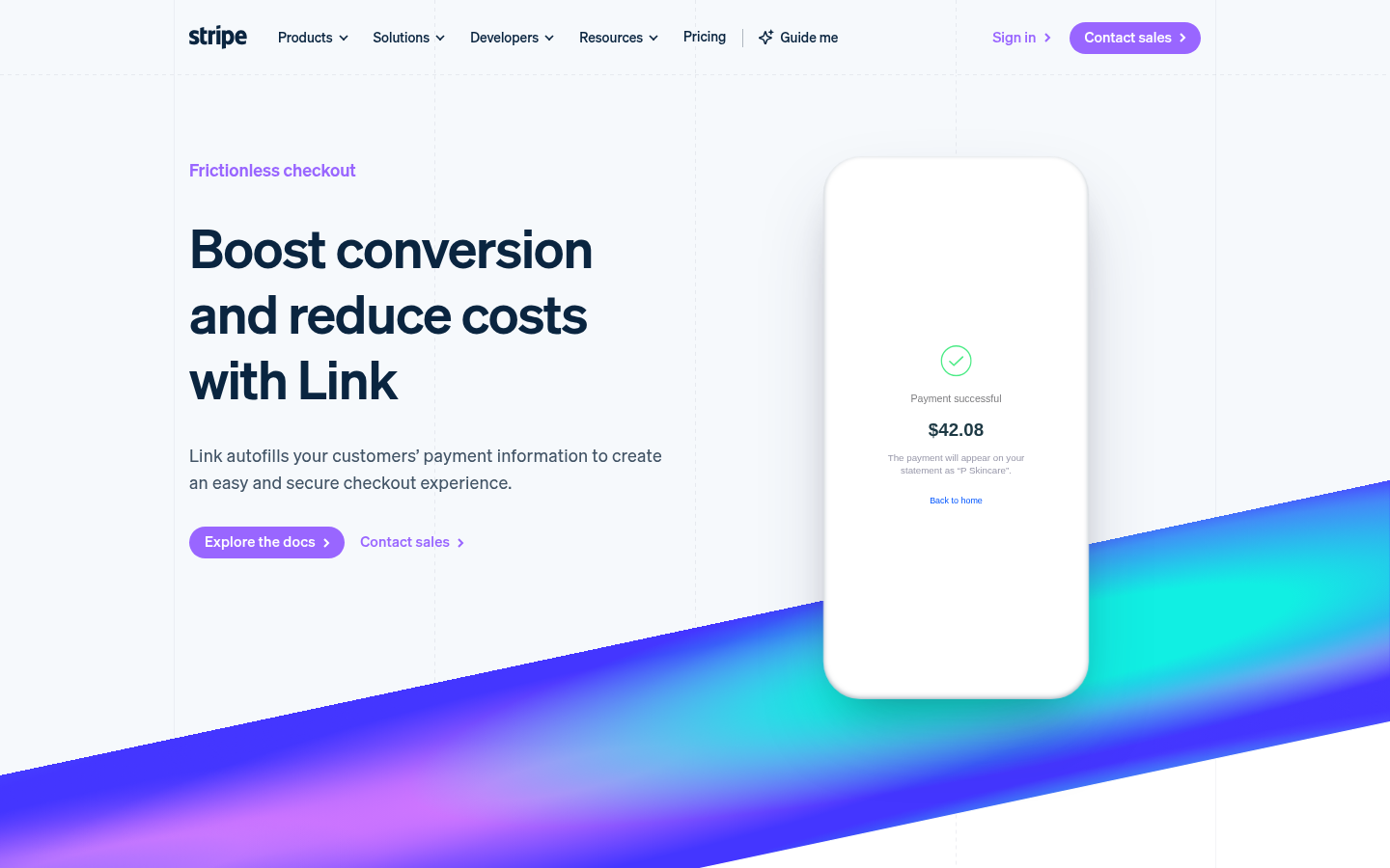 Stripe Link product page describing one-click checkout and the Link wallet used by AI agents to complete purchases
