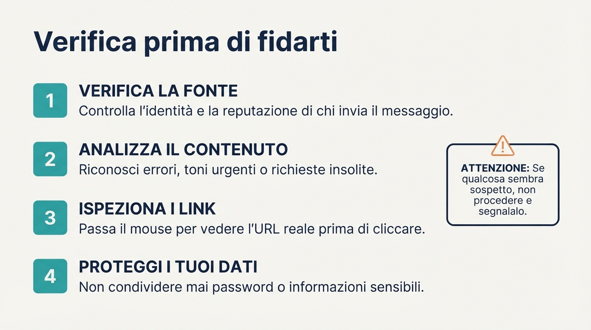 Scheda checklist con quattro controlli per la connessione dati di un agente: server registrato, inventario strumenti, query reale, percorso di errore