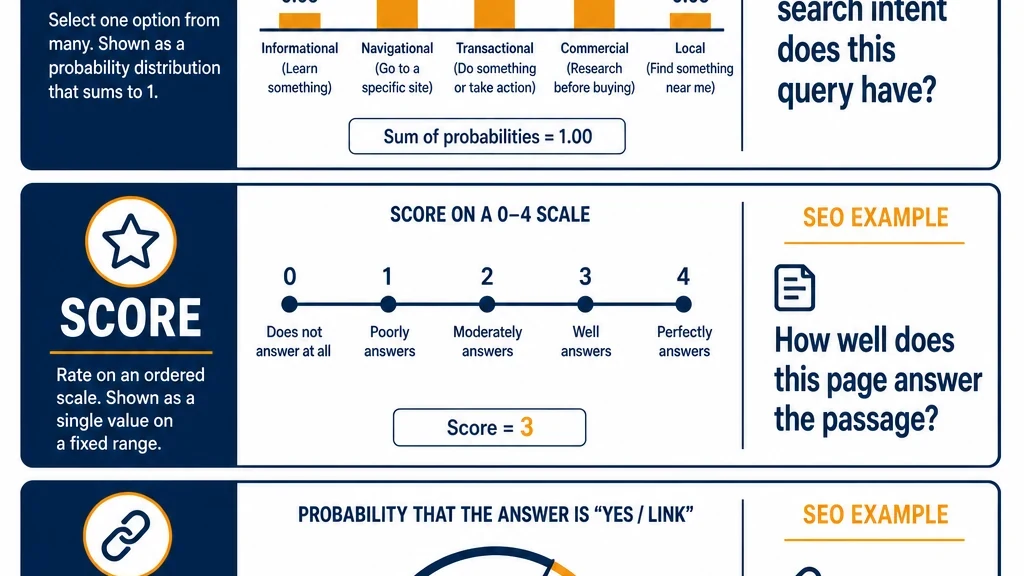 Panel showing Laya's three decision types with an SEO example for each: choice, score, and noul.