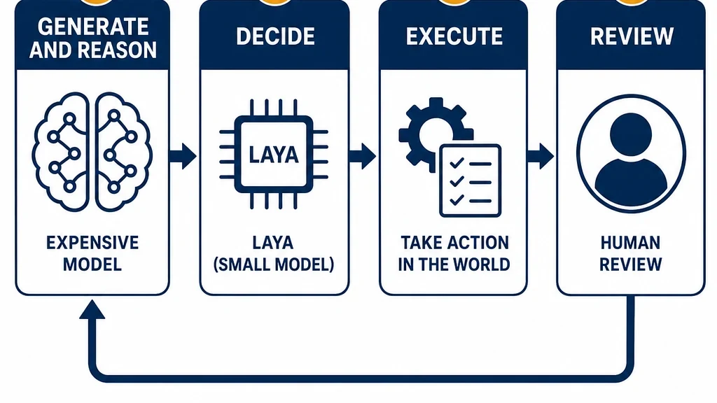 Four-stage loop diagram showing generate and reason, decide, execute, and review, with Laya at the decision stage.