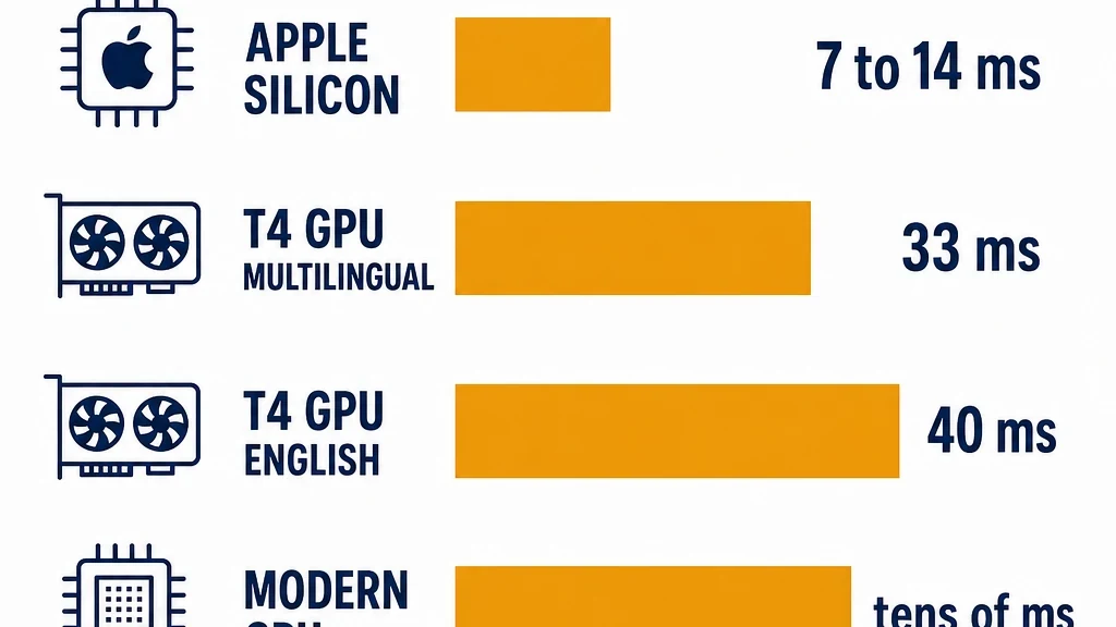 Bar chart showing reported Laya latency per decision across Apple Silicon, a T4-class GPU, and CPU.