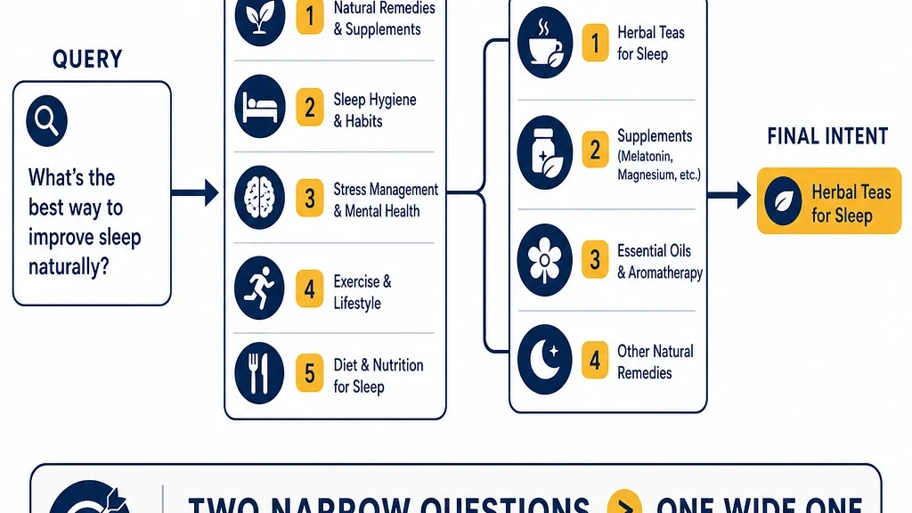 Diagram showing a passage going through a yes/no link question, then a narrow group choice, then a narrow target choice, with a none option at each stage.