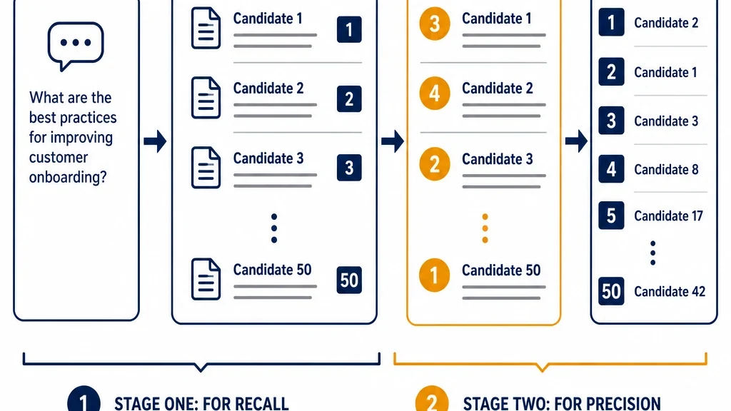 Diagram showing a query going through similarity search to produce fifty candidates, then through a Laya relevance score, then sorted into a reranked list.