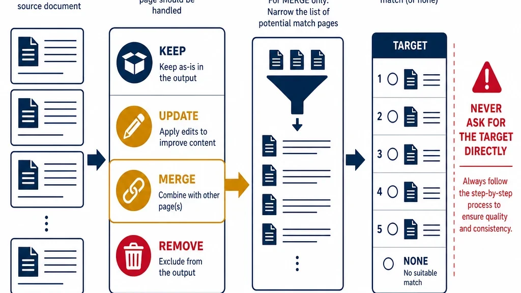Diagram showing pages flowing into a disposition decision, then merge-marked pages going through a separate candidate-narrowing step before a target-page choice.