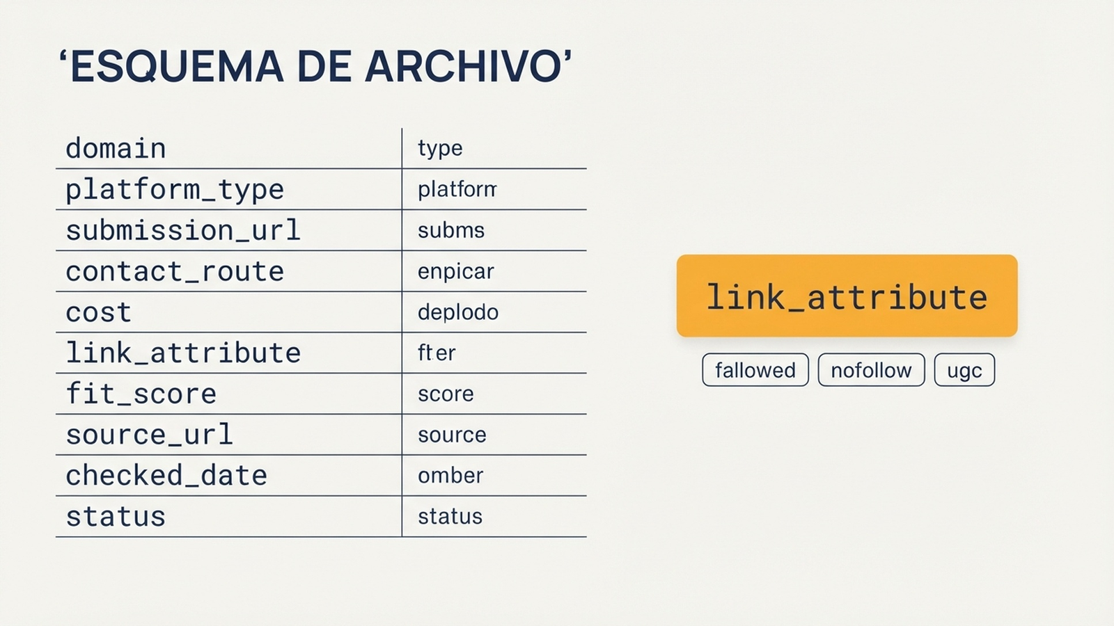 Esquema CSV de objetivos de enlaces de diez columnas que muestra los campos obligatorios, incluidos URL de origen, atributo del enlace y puntuación de encaje