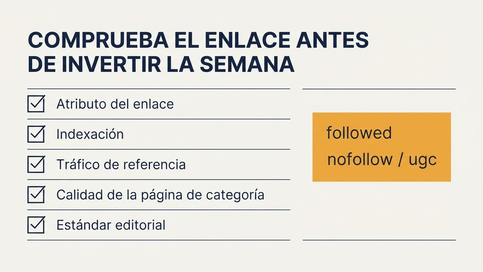 Lista de verificación de cinco pasos para comprobar enlaces, que cubre atributo del enlace, indexación, tráfico de referencia, calidad de la página de categoría y estándar editorial