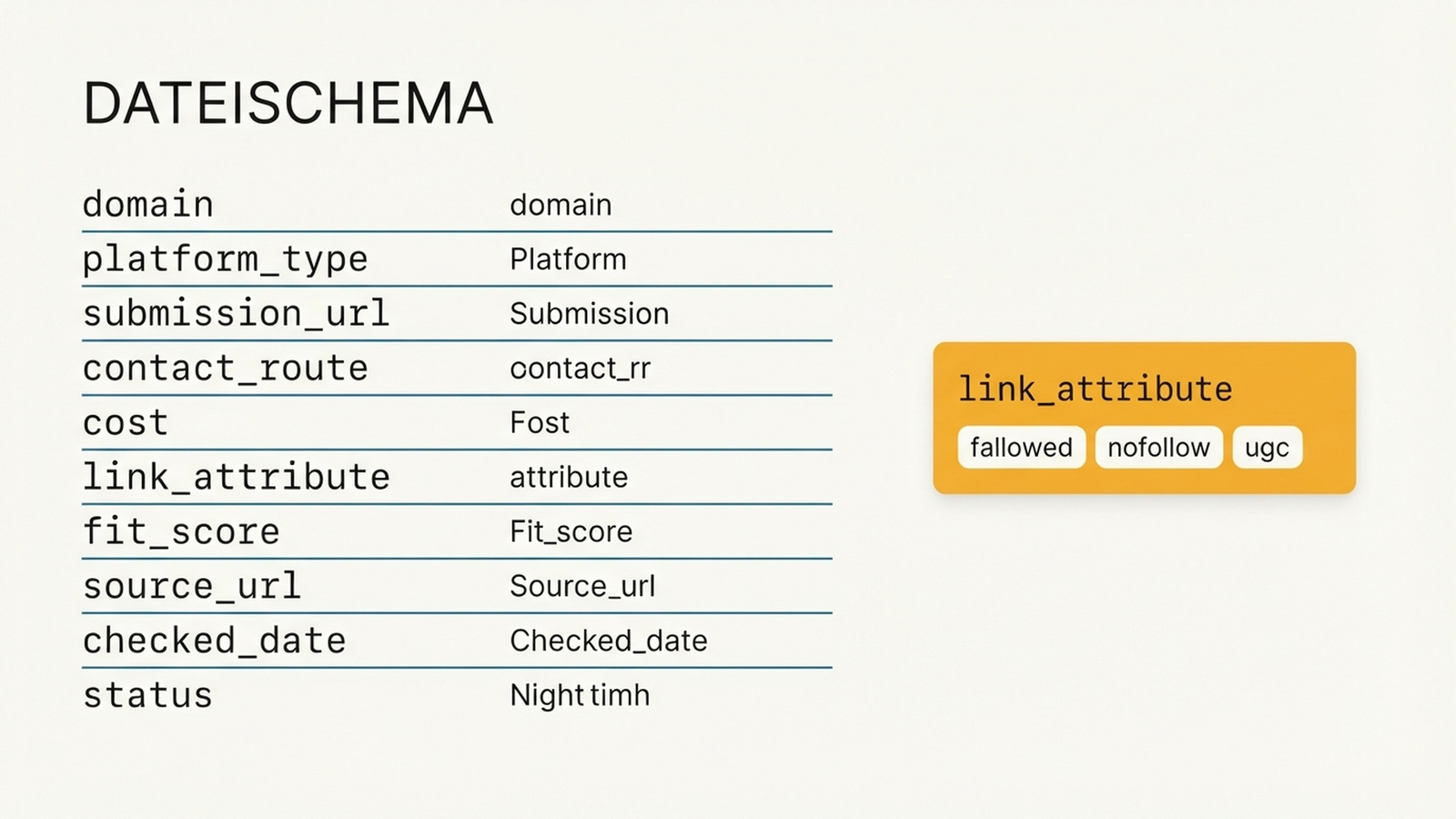 Zehnspaltiges CSV-Schema für Backlink-Ziele mit Pflichtfeldern wie Quell-URL, Link-Attribut und Passungswert
