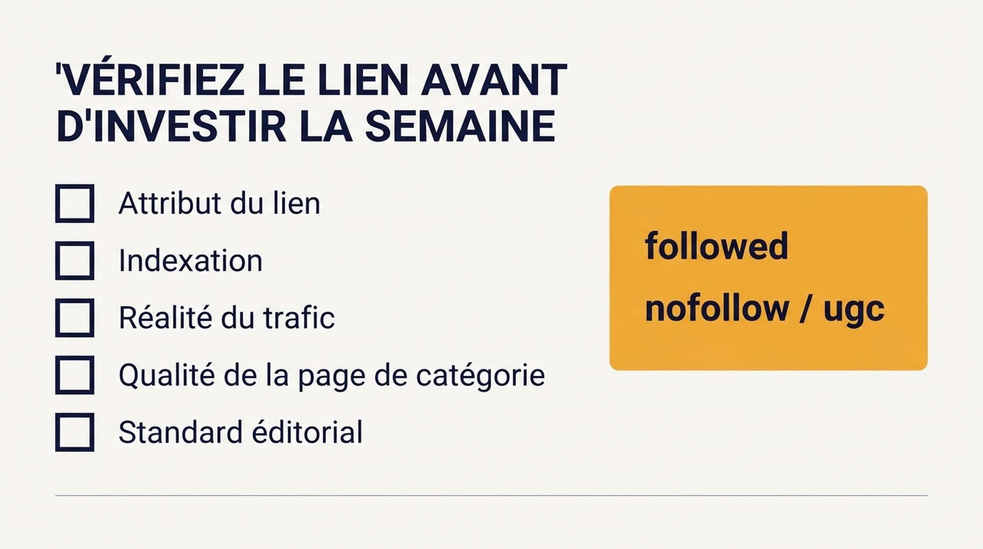 Liste de contrôle en cinq étapes pour vérifier un lien, couvrant l'attribut du lien, l'indexation, le trafic de référence, la qualité de la page de catégorie et le standard éditorial