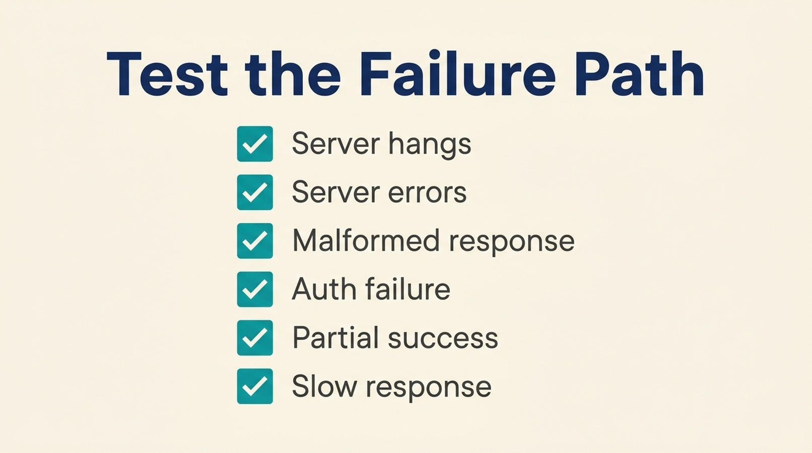 Checklist graphic listing six MCP gateway failure modes to test: server hangs, server errors, malformed response, auth failure, partial success, and slow response.
