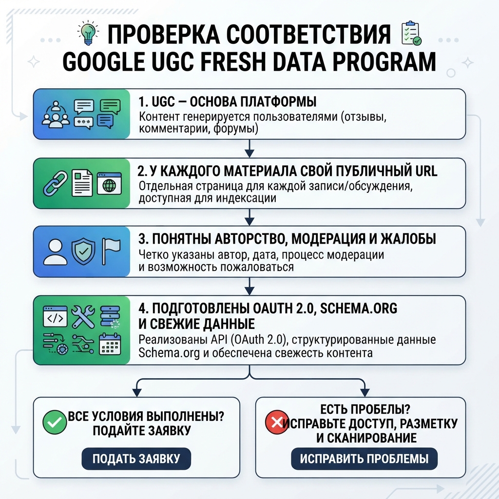 Схема проверки соответствия Google UGC Fresh Data Program.