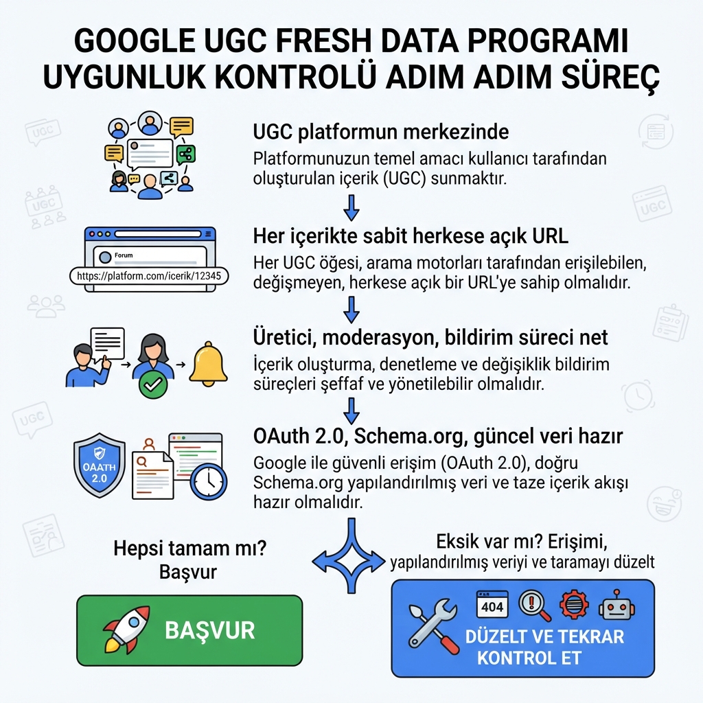 Google UGC Fresh Data Program uygunluk kontrolü karar akışı.