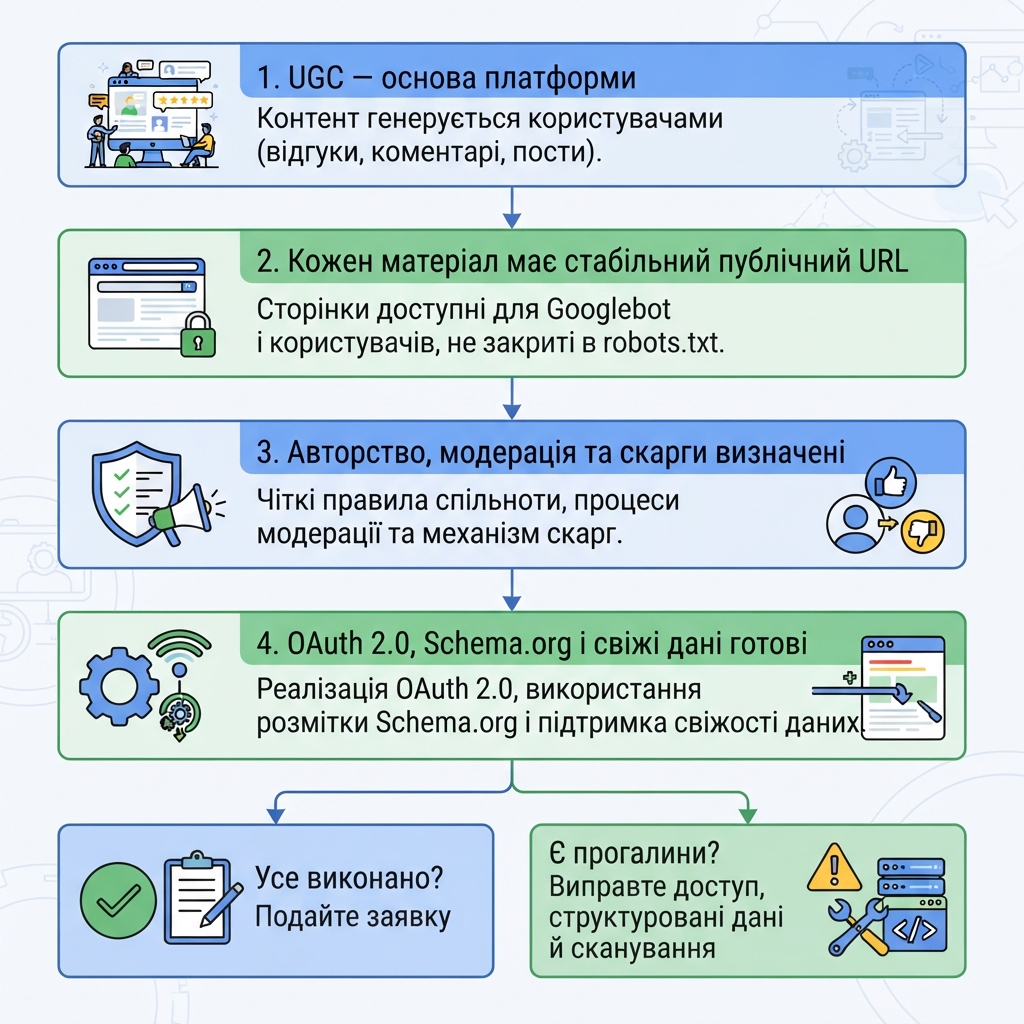 Схема перевірки відповідності вимогам Google UGC Fresh Data Program.