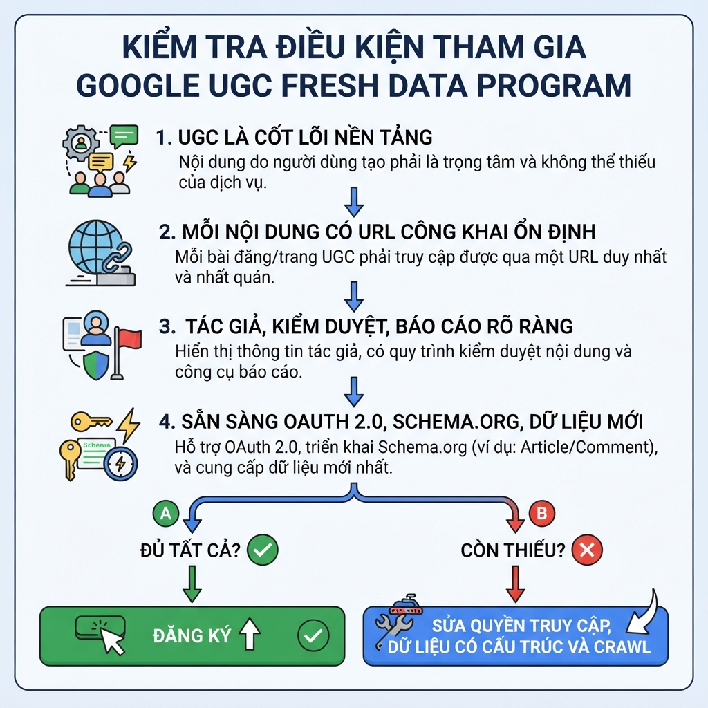 Sơ đồ kiểm tra điều kiện tham gia Google UGC Fresh Data Program.
