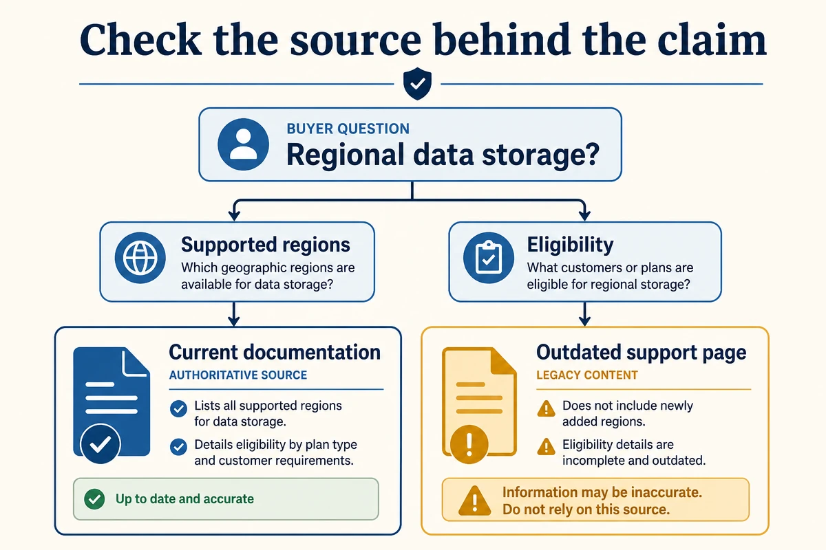 A buyer question and answer claims mapped to current and outdated supporting pages.