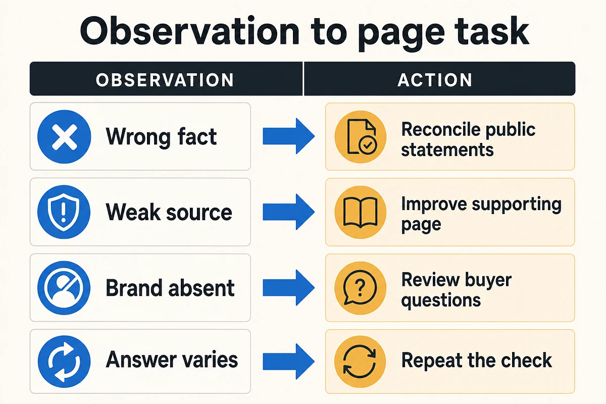 AI Mode observations mapped to the first page repair or verification action.
