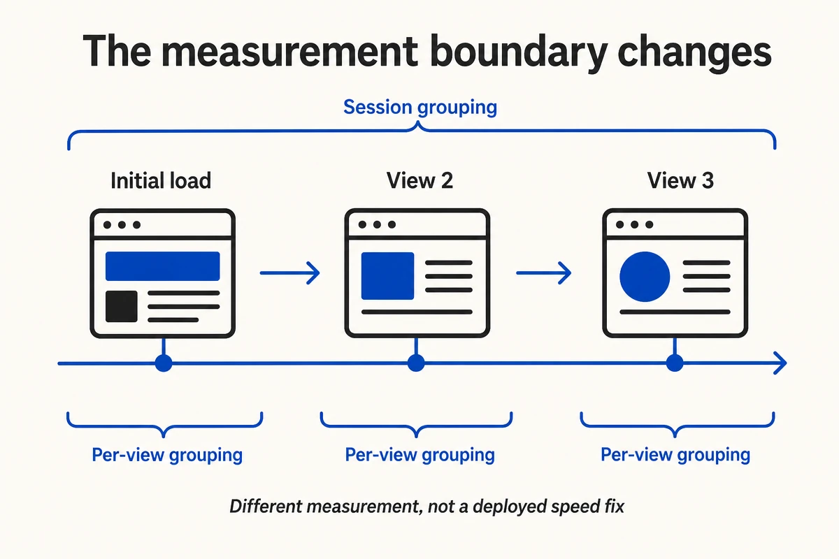A single-page application journey shown with session and per-view measurement boundaries.