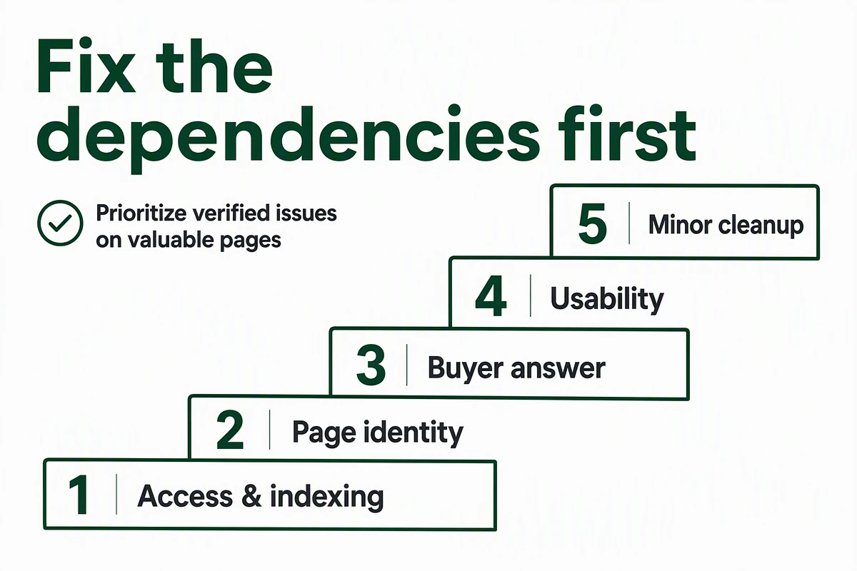 Five review priorities for SEO repairs, beginning with access and indexing.