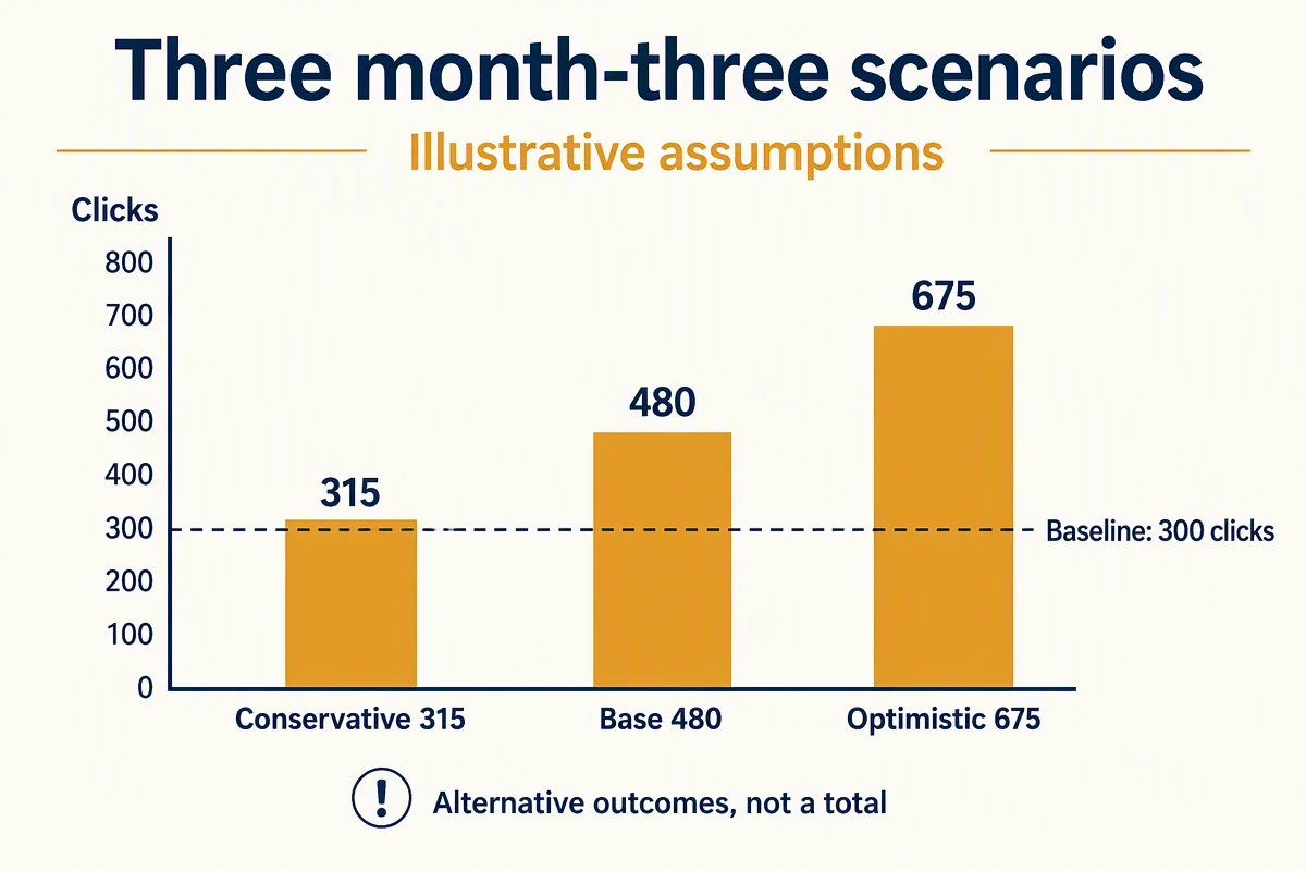 Illustrative month-three SEO forecast of 315, 480, or 675 clicks against a 300-click baseline.