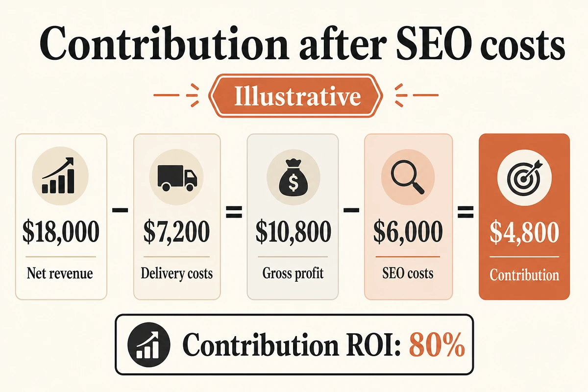 Illustrative SEO ROI calculation from $18,000 net revenue to $4,800 contribution after delivery and SEO costs.