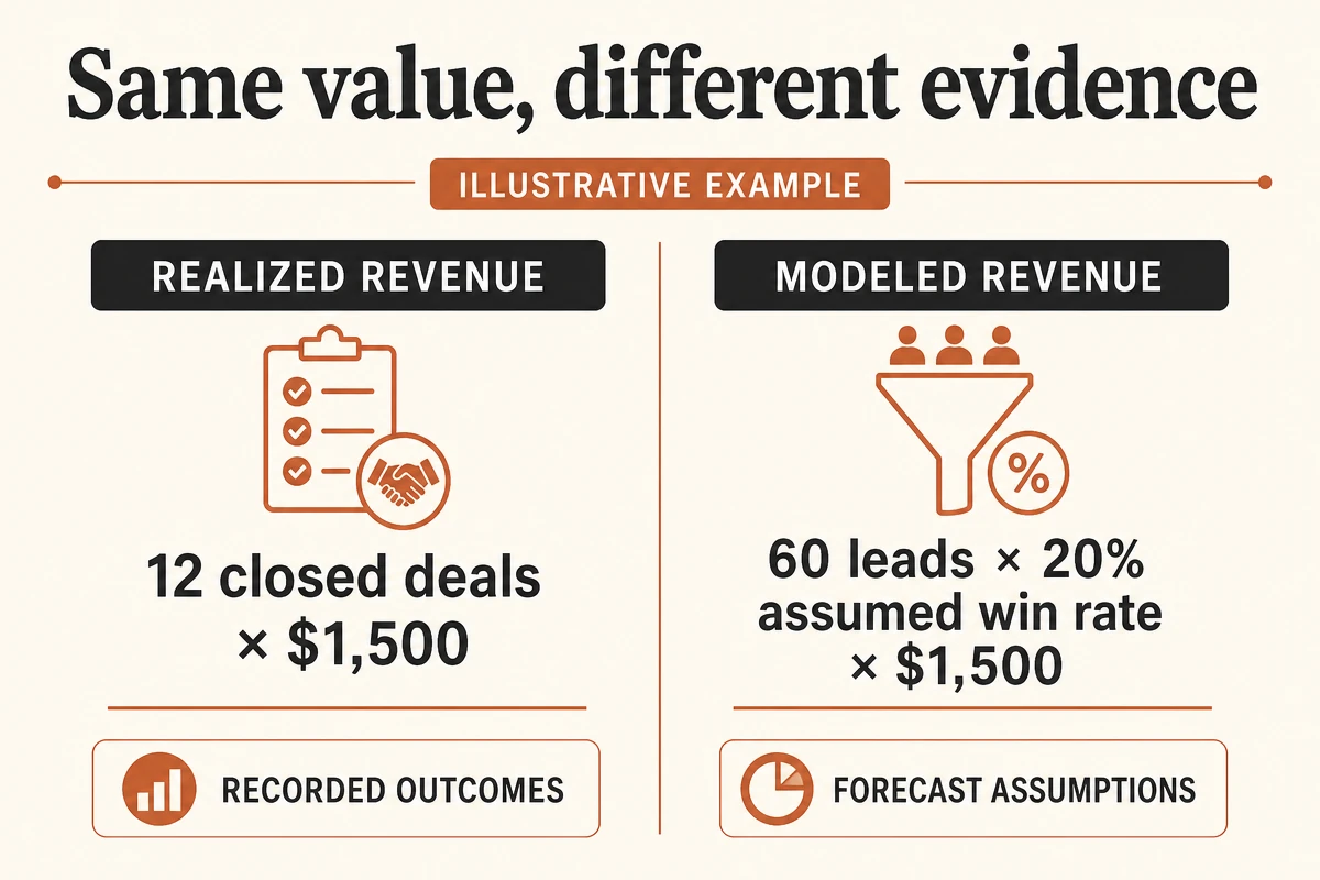 Realized deal revenue separated from lead value based on an assumed win rate.