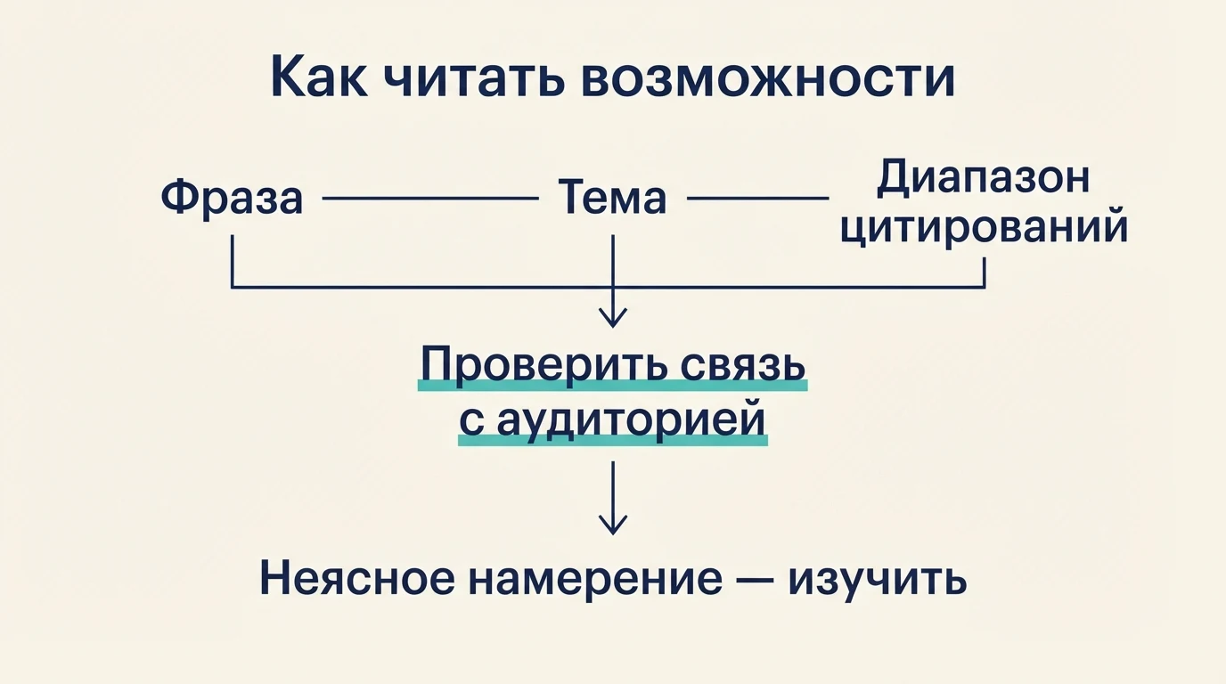 Схема чтения общих возможностей через фразу запроса, связанную тему и диапазон цитирований.