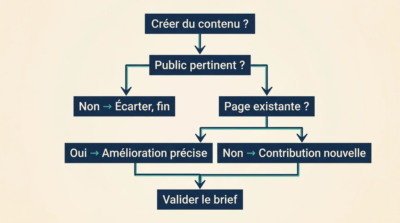 Arbre de décision pour vérifier le public, les pages existantes et la contribution avant de valider un brief.