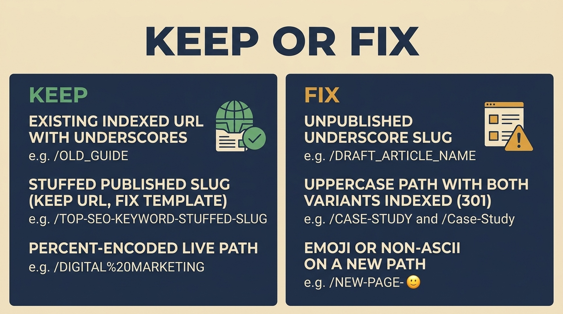 Decision matrix showing which URL patterns to keep or fix after Google's URL video