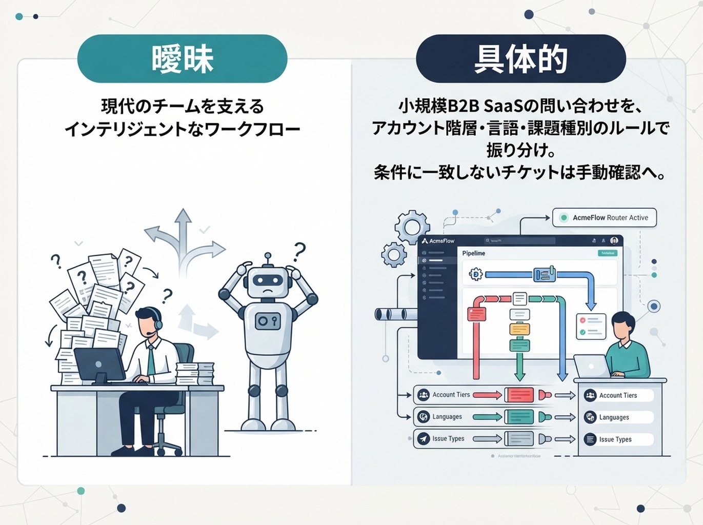 架空の製品AcmeFlowのサポートチケット振り分け機能と制約を明確にしたコピーの比較