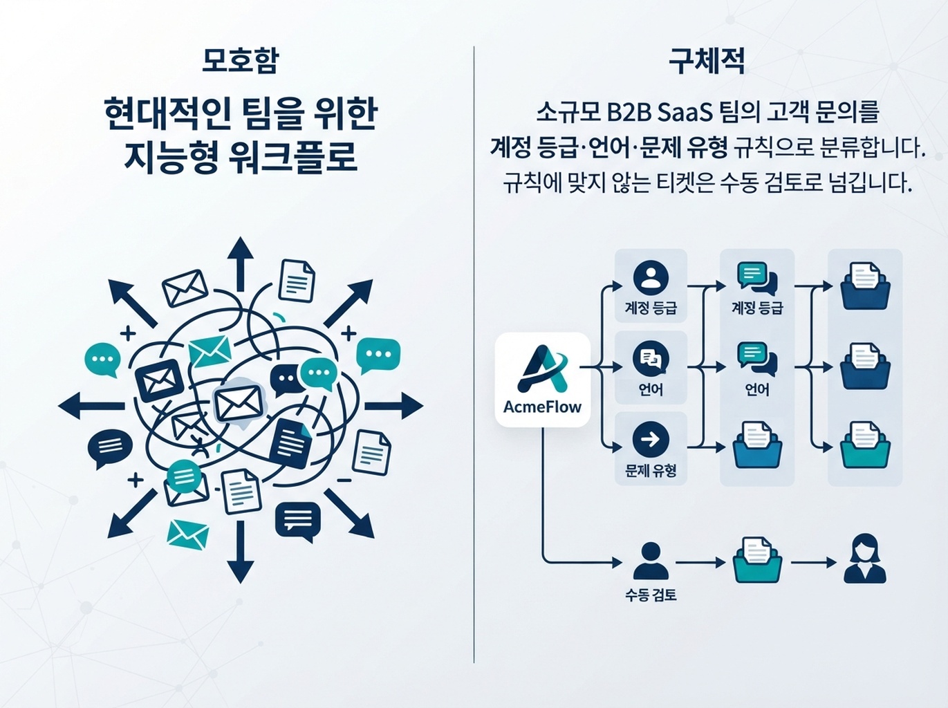 고객 지원 티켓 배정 기능과 제한 사항을 명확히 설명한 AcmeFlow 문구 비교