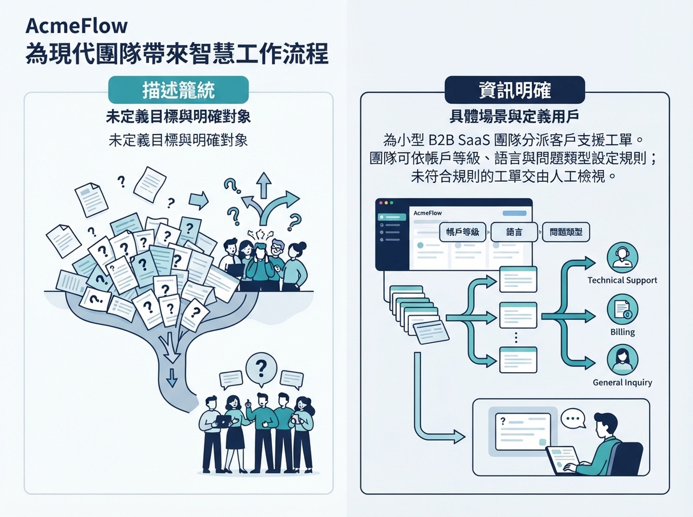 清楚說明客戶支援工單分派功能與限制的 AcmeFlow 文案比較