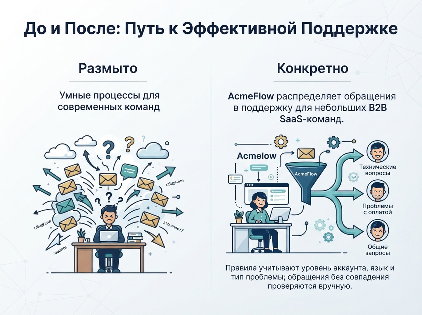 Сравнение вымышленного текста AcmeFlow с ясным описанием возможностей распределения обращений и ограничений