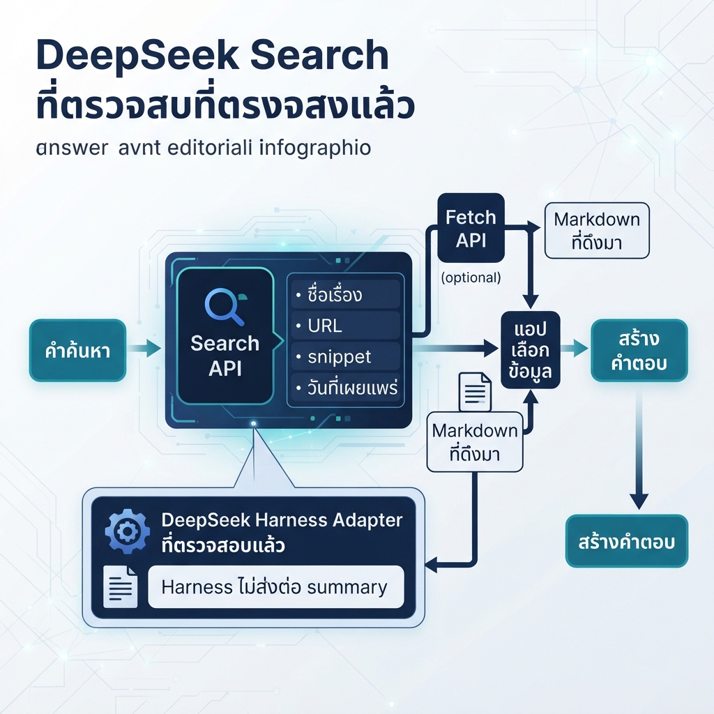 เส้นทางต่าง ๆ ที่แอปใช้ผลการค้นหา DeepSeek และเนื้อหาที่ดึงมา