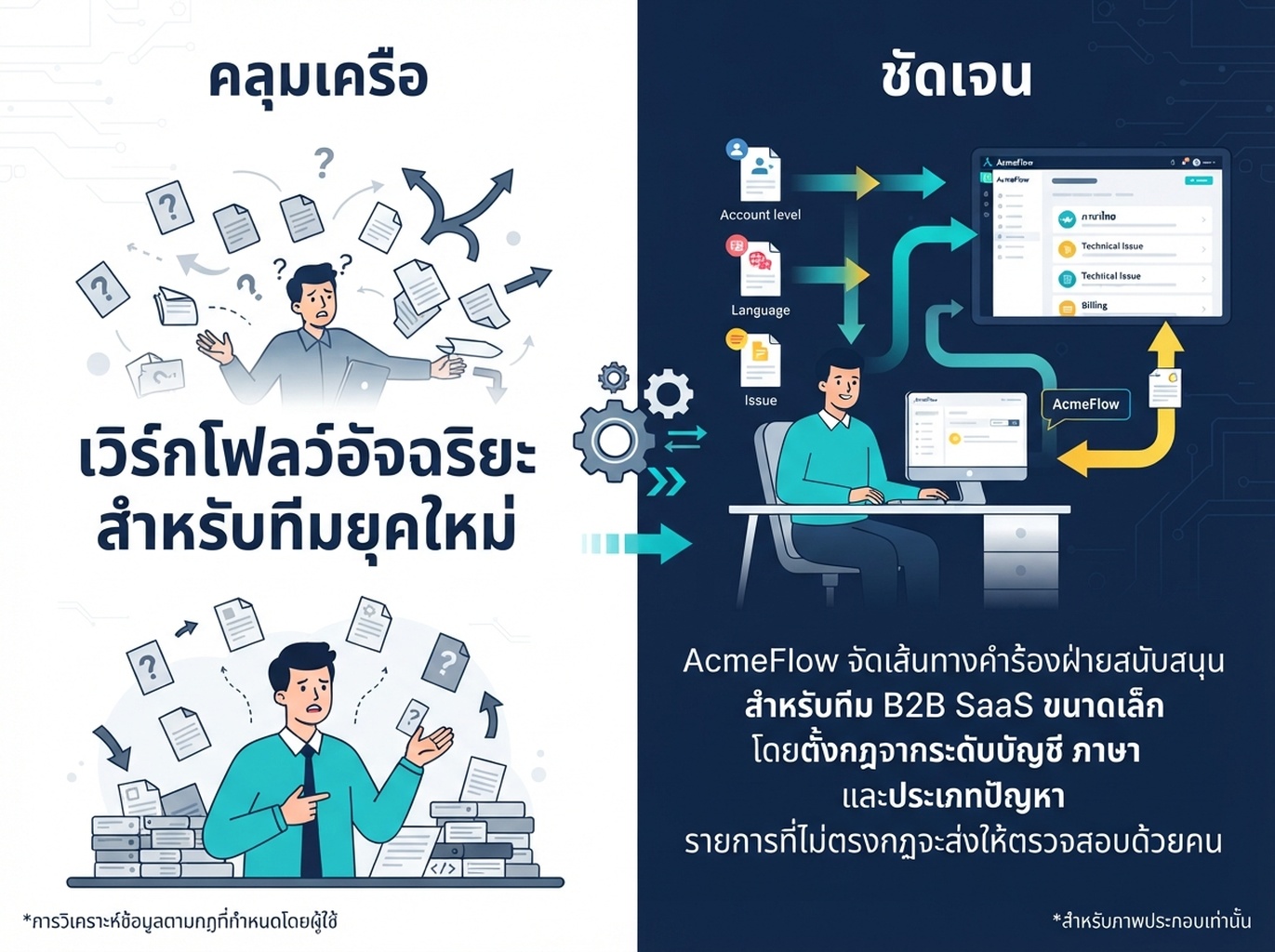 เปรียบเทียบข้อความ AcmeFlow สมมติที่อธิบายความสามารถและข้อจำกัดด้านการจัด ticket สนับสนุนอย่างชัดเจน